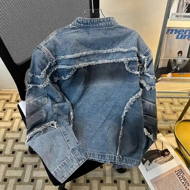 FEWQ American Style Men's Jackets Stand Collar Raw Edge Shoulder Padded Design Zipper Contrast Color Loose Male Coats 24K2374 Y2Bags